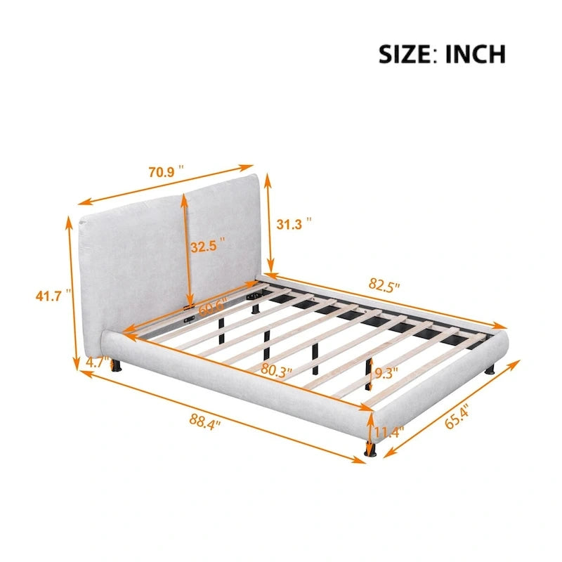 Lit plateforme capitonné avec deux grandes têtes de lit et tissu épais, Polyester