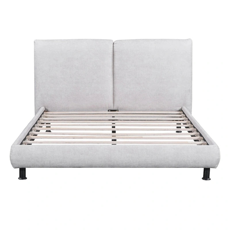 Lit plateforme capitonné avec deux grandes têtes de lit et tissu épais, Polyester