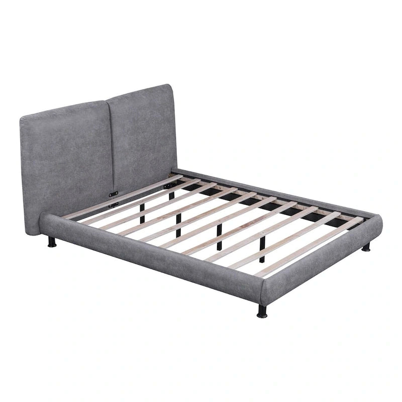 Lit plateforme capitonné avec deux grandes têtes de lit et tissu épais, Polyester