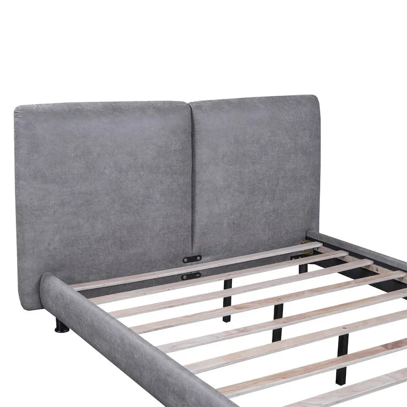 Lit plateforme capitonné avec deux grandes têtes de lit et tissu épais, Polyester