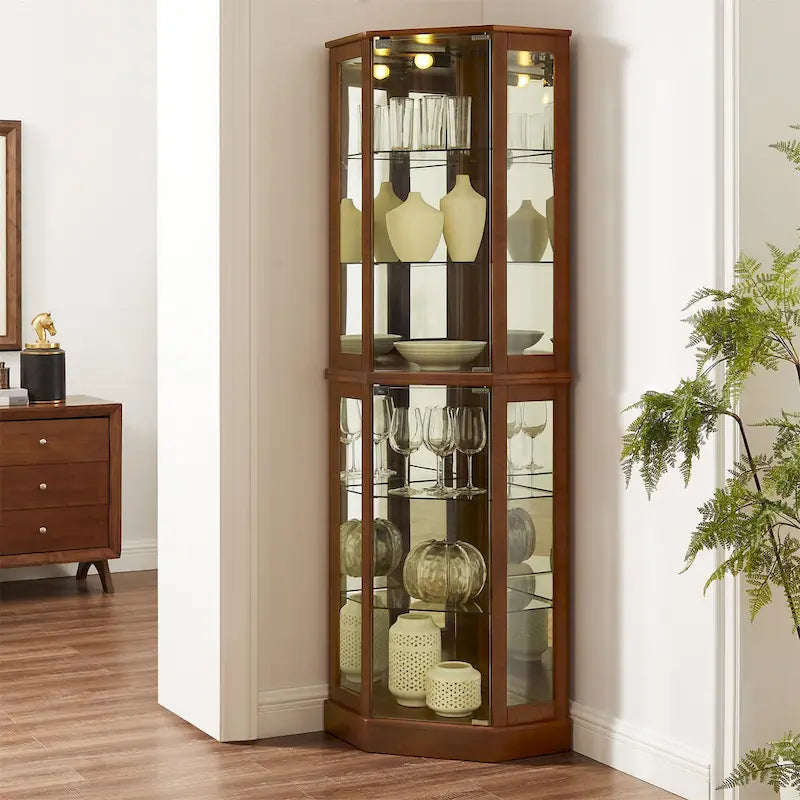 Vitrine d'angle à 6 étagères avec lumières