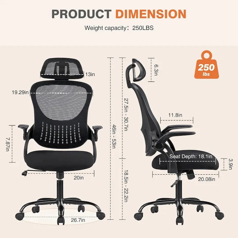 Fauteuil de bureau à roulettes, ergonomique, dossier haut en maille