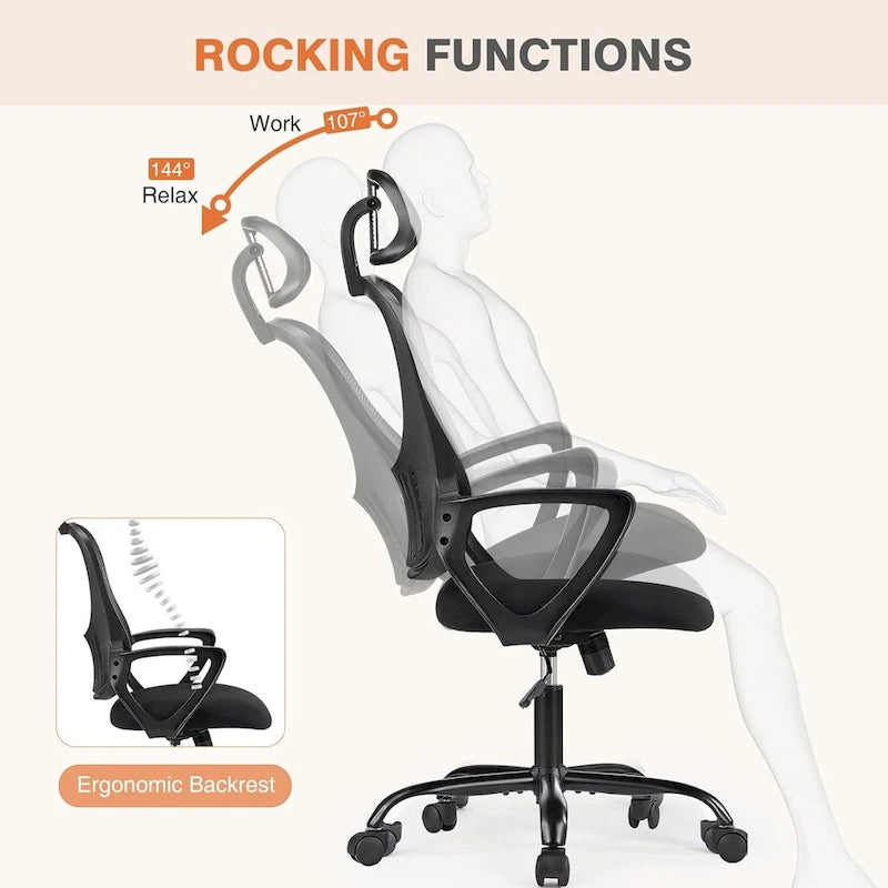 Fauteuil de bureau à roulettes, ergonomique, dossier haut en maille