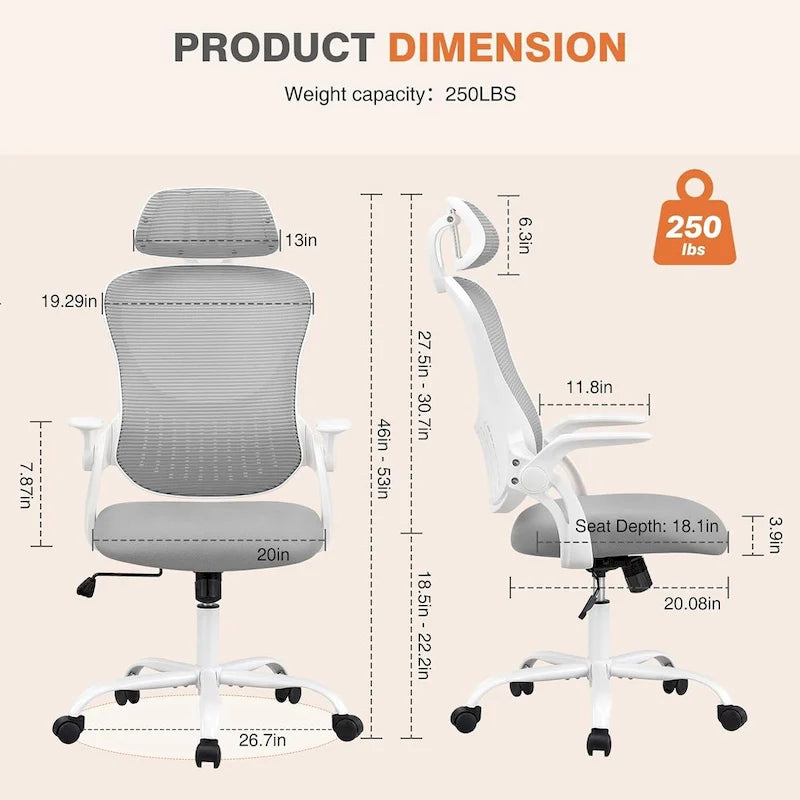 Fauteuil de bureau à roulettes, ergonomique, dossier haut en maille