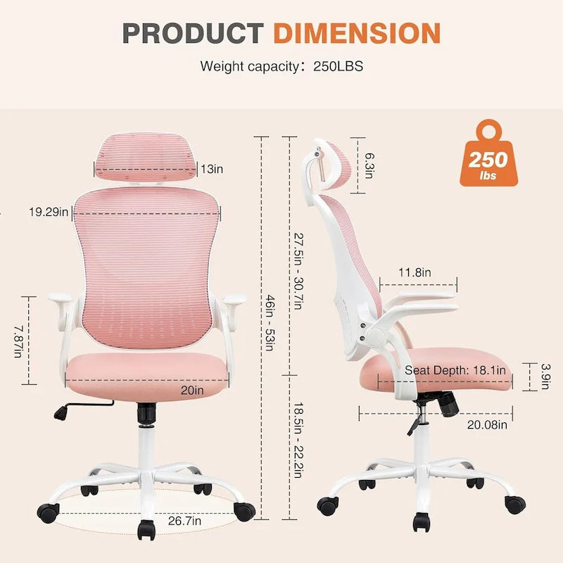 Fauteuil de bureau à roulettes, ergonomique, dossier haut en maille