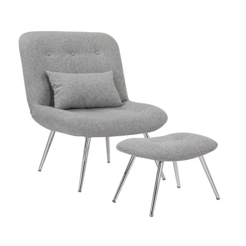 Fauteuil de salon et ottoman modernes, rembourrage tissé gris, chrome