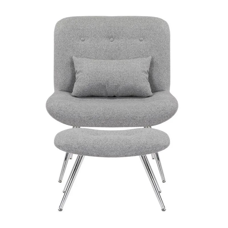 Fauteuil de salon et ottoman modernes, rembourrage tissé gris, chrome