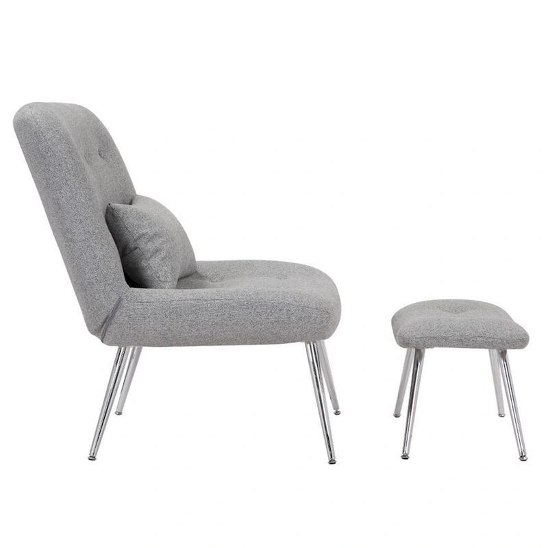 Fauteuil de salon et ottoman modernes, rembourrage tissé gris, chrome