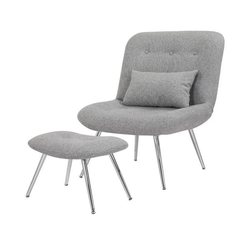 Fauteuil de salon et ottoman modernes, rembourrage tissé gris, chrome