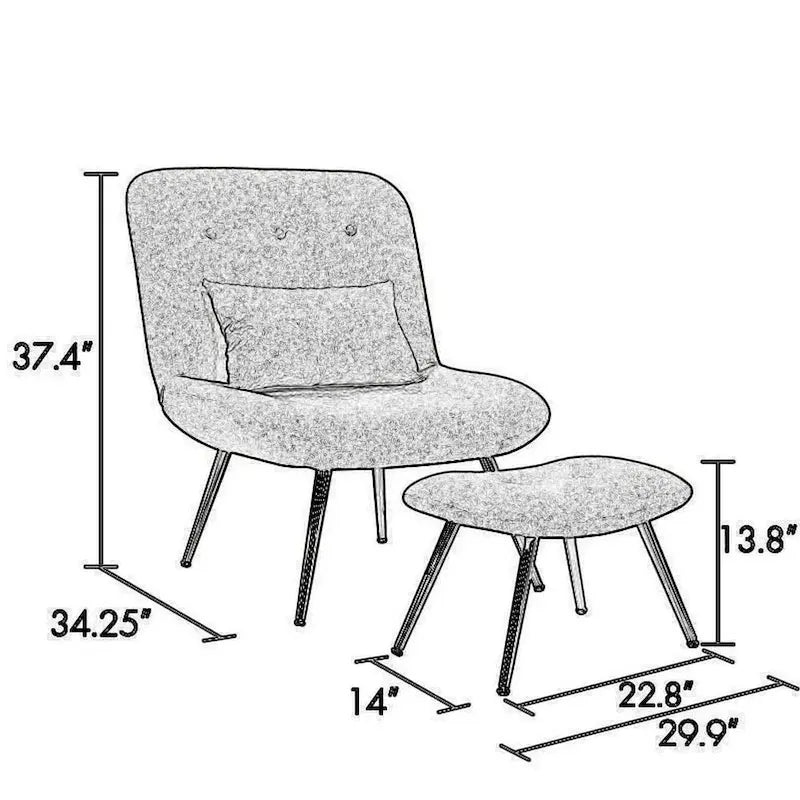 Fauteuil de salon et ottoman modernes, rembourrage tissé gris, chrome