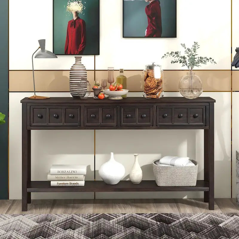 Console d'entrée rustique, table de canapé de 60 pouces de long avec deux tiroirs de tailles différentes