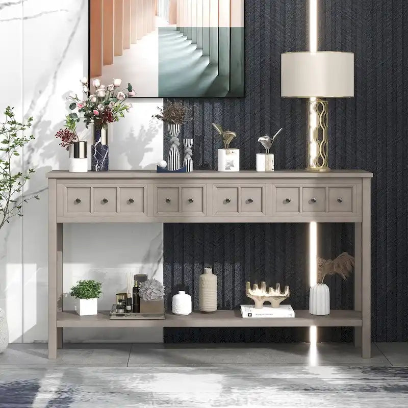 Console d'entrée rustique, table de canapé de 60 pouces de long avec deux tiroirs de tailles différentes