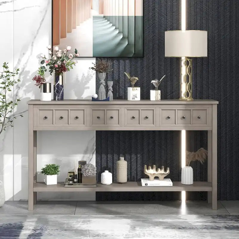 Console d'entrée rustique, table de canapé de 60 pouces de long avec deux tiroirs de tailles différentes