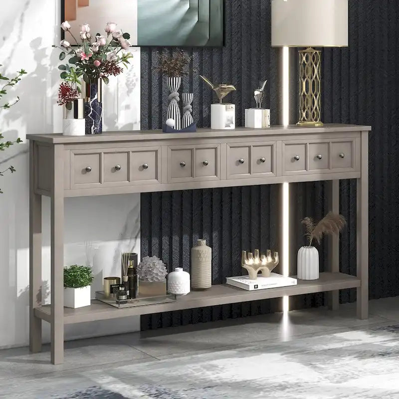 Console d'entrée rustique, table de canapé de 60 pouces de long avec deux tiroirs de tailles différentes