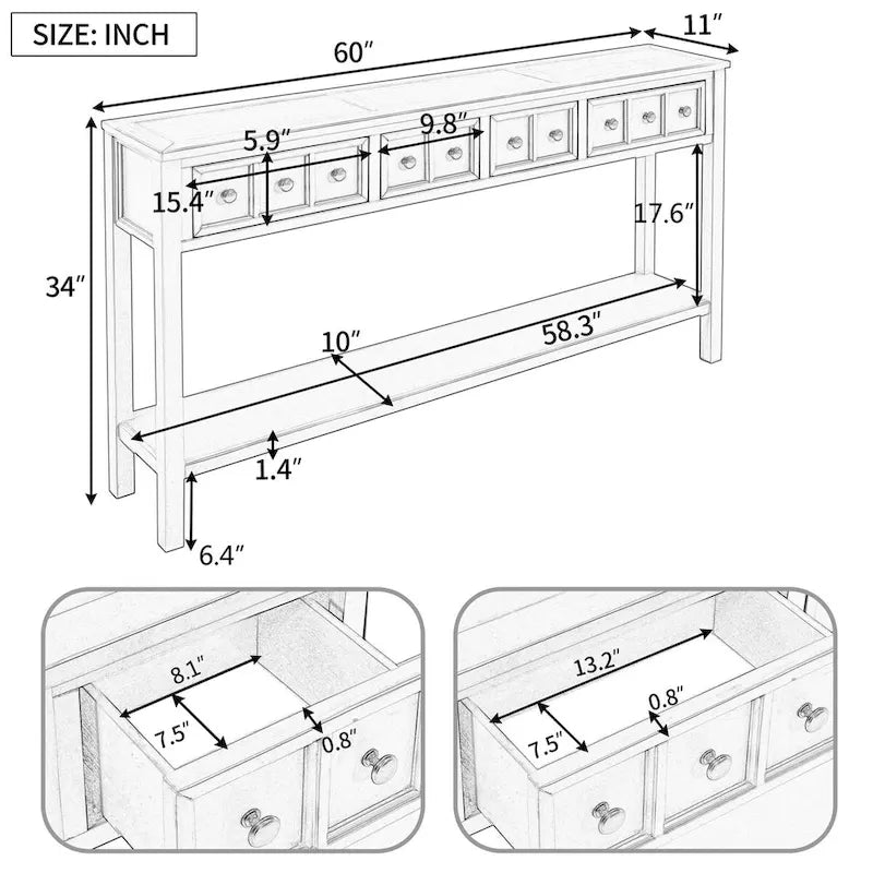 Console d'entrée rustique, table de canapé de 60 pouces de long avec deux tiroirs de tailles différentes