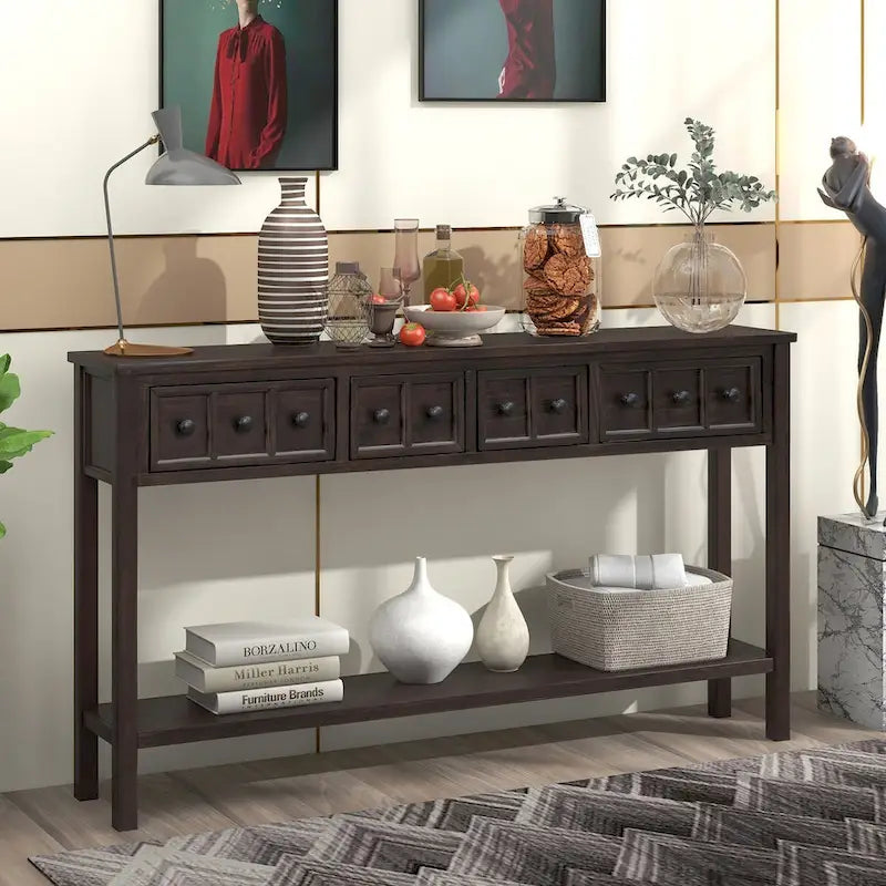 Console d'entrée rustique, table de canapé de 60 pouces de long avec deux tiroirs de tailles différentes