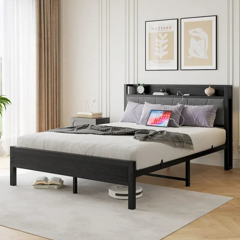 Lit plateforme Queen Size avec tête de lit de rangement, station de charge et ports USB