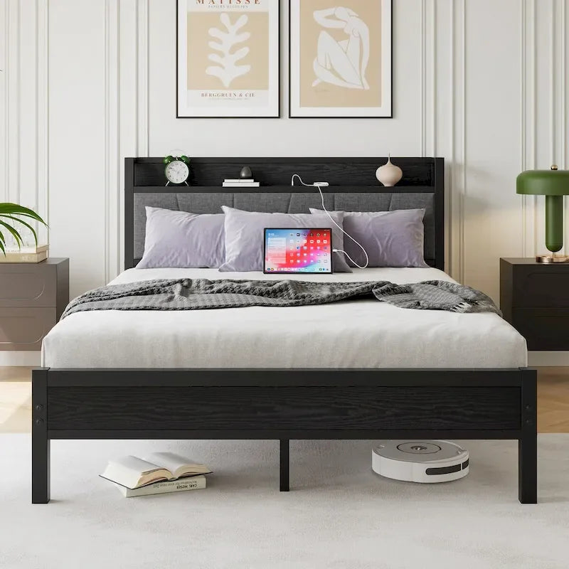 Lit plateforme Queen Size avec tête de lit de rangement, station de charge et ports USB