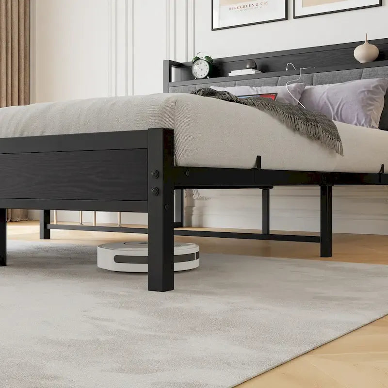 Lit plateforme Queen Size avec tête de lit de rangement, station de charge et ports USB