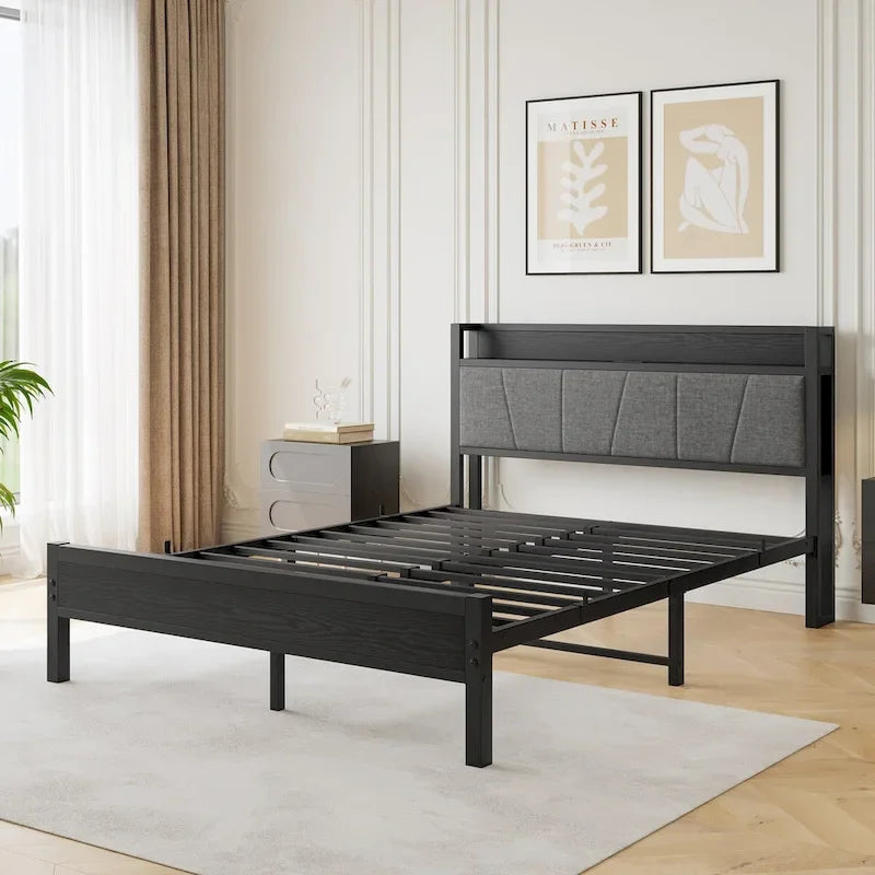 Lit plateforme Queen Size avec tête de lit de rangement, station de charge et ports USB