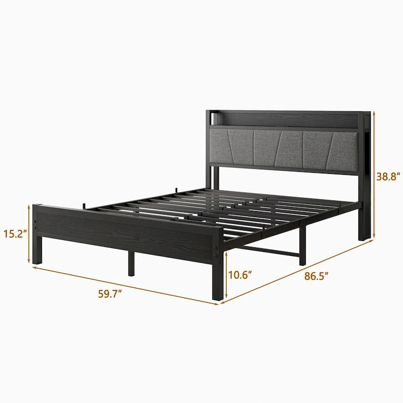 Lit plateforme Queen Size avec tête de lit de rangement, station de charge et ports USB