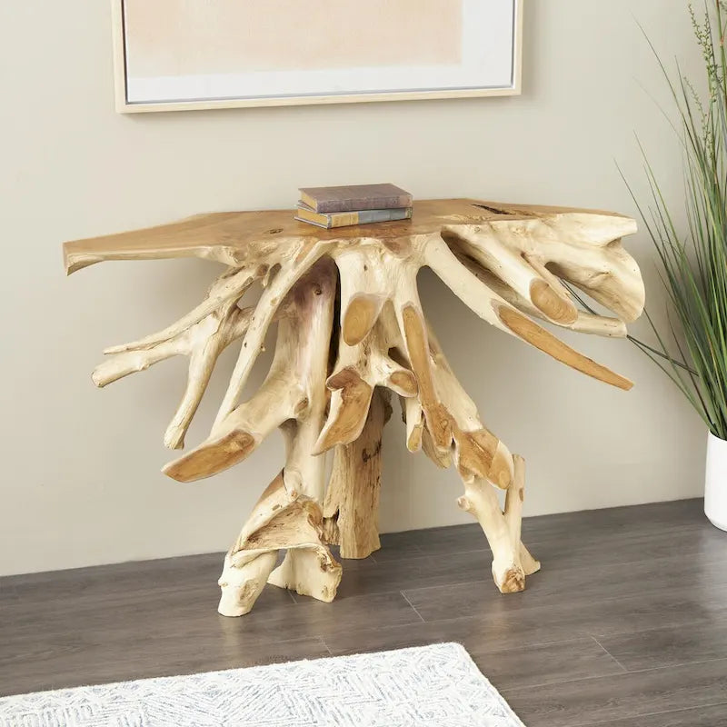 Console de table en teck fait main à bord droit en tronc d'arbre - Marron