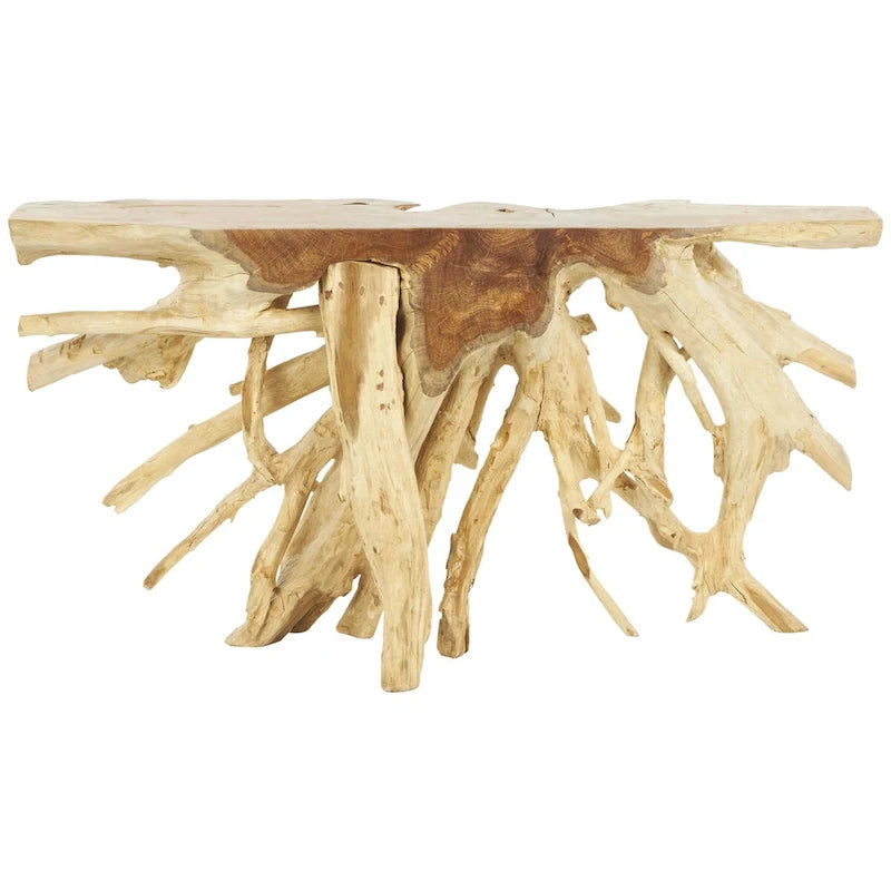Console de table en teck fait main à bord droit en tronc d'arbre - Marron