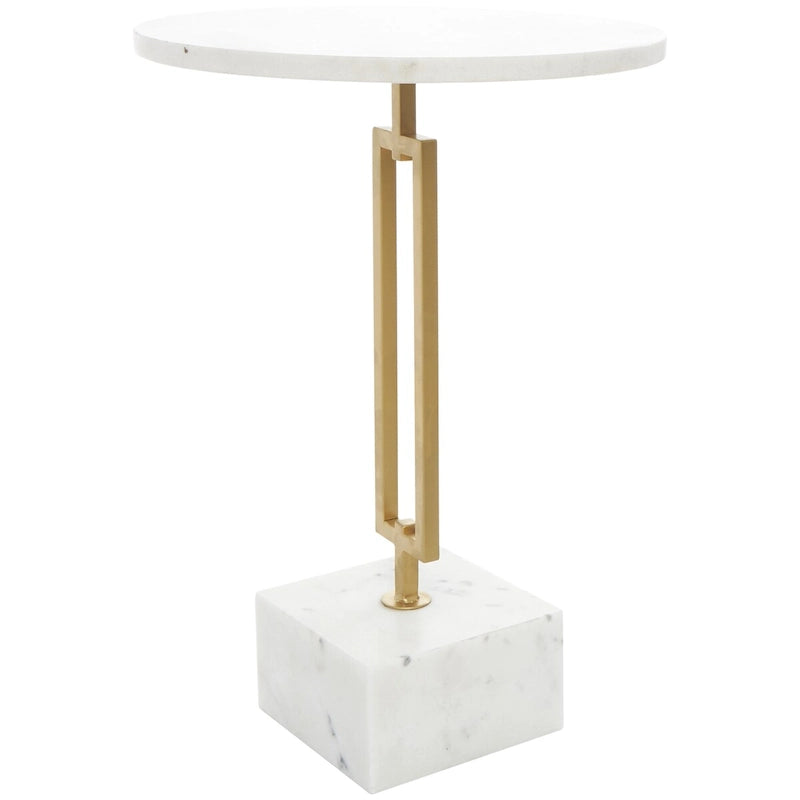 Table d'appoint géométrique en marbre blanc avec pied rectangulaire en métal doré