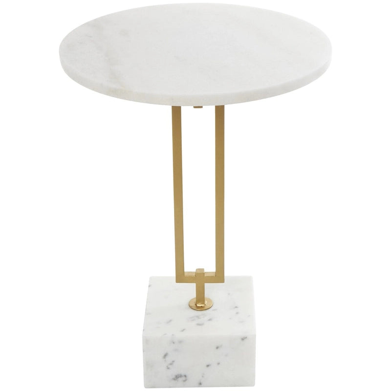 Table d'appoint géométrique en marbre blanc avec pied rectangulaire en métal doré