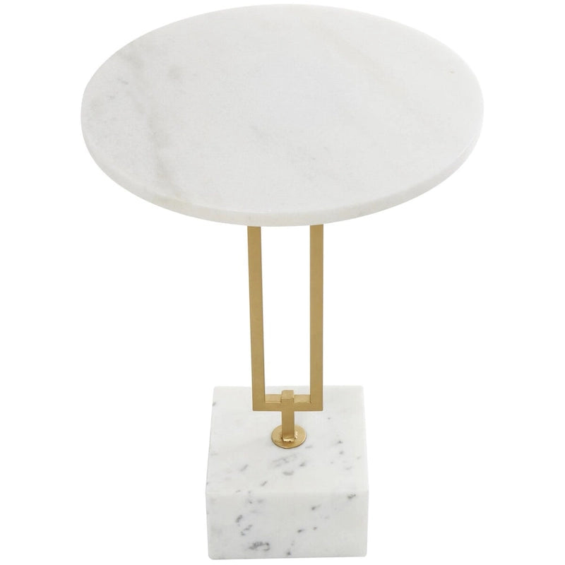 Table d'appoint géométrique en marbre blanc avec pied rectangulaire en métal doré