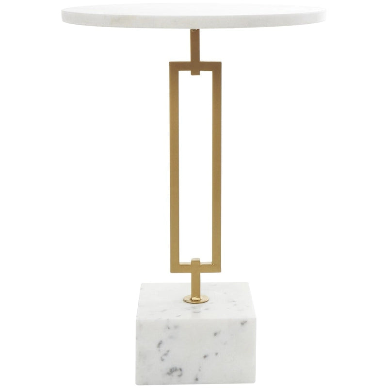 Table d'appoint géométrique en marbre blanc avec pied rectangulaire en métal doré
