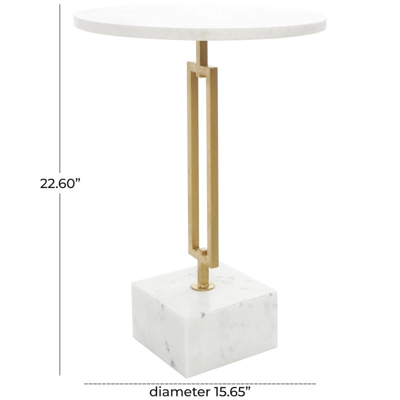 Table d'appoint géométrique en marbre blanc avec pied rectangulaire en métal doré
